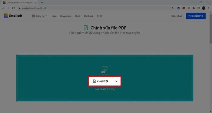 Giao diện Smallpdf trực tuyến, hướng dẫn tải tệp để chỉnh sửa file PDF miễn phí.