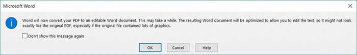 Microsoft Word thông báo quá trình chuyển đổi tệp PDF sang định dạng DOCX có thể chỉnh sửa.