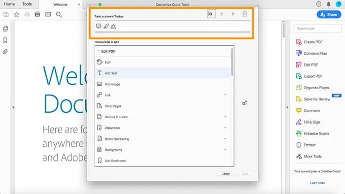 Thanh công cụ Edit PDF (Chỉnh sửa PDF) trong phần mềm Adobe Acrobat Pro DC.