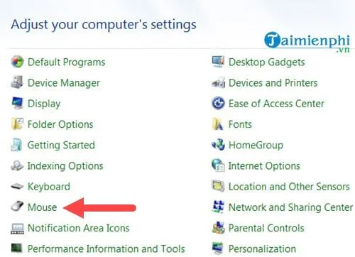 Chọn Mouse trong Control Panel của Windows 7 để chỉnh tốc độ chuột