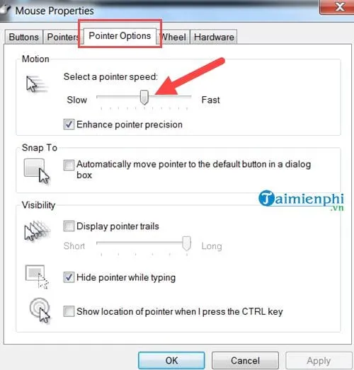 Điều chỉnh thanh trượt Motion trong Mouse Properties trên Windows 7