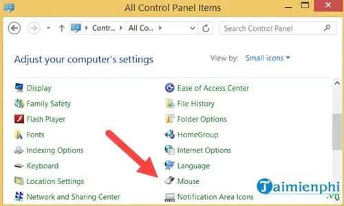 Lựa chọn mục Mouse trong Control Panel để thay đổi thiết lập tốc độ chuột