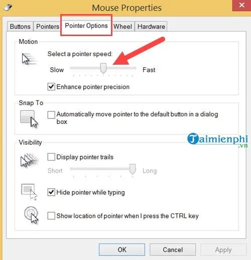 Cấu hình tốc độ nhấp đúp chuột trong tab Buttons của Mouse Properties