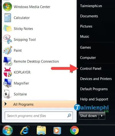 Truy cập Control Panel qua Start Menu trên Windows 7