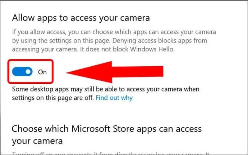 Chuyển nút On để cho phép ứng dụng truy cập vào camera trên máy tính Win 10