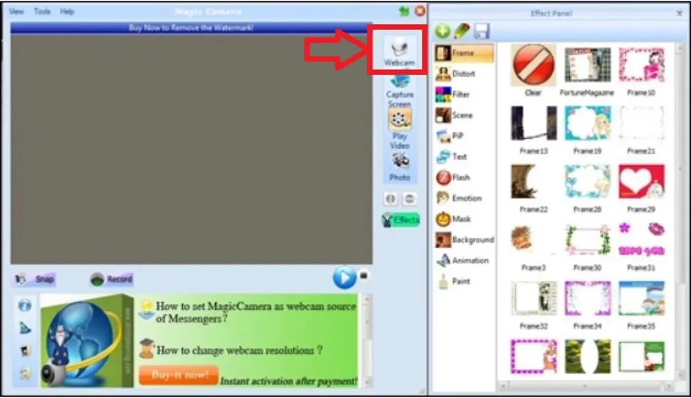 Giao diện phần mềm Magic Camera