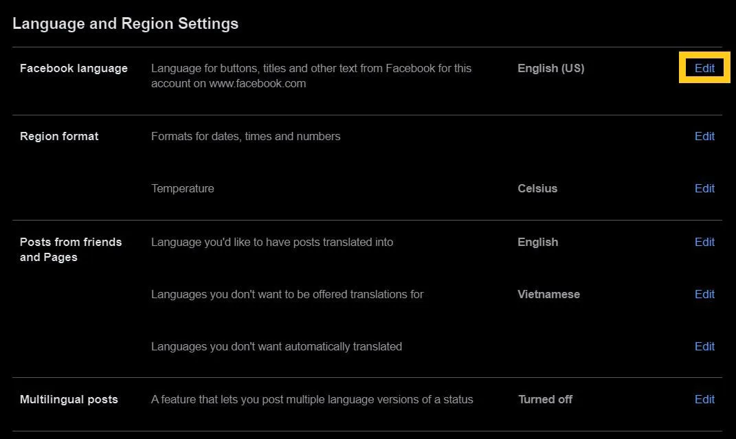 Thao tác tìm và chỉnh sửa mục Facebook Language trong cài đặt ngôn ngữ để chuyển giao diện Facebook sang tiếng Việt