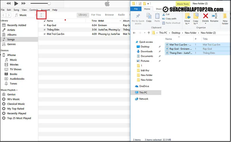 Chọn biểu tượng iPhone trong giao diện iTunes để bắt đầu quá trình đồng bộ và chuyển video