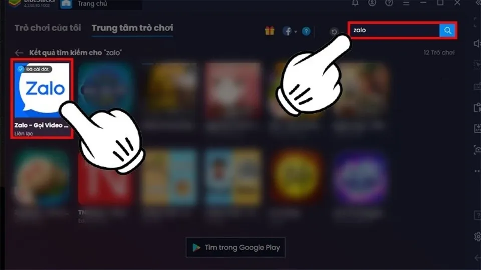 Tìm kiếm và tải ứng dụng Zalo từ Google Play Store trong BlueStacks