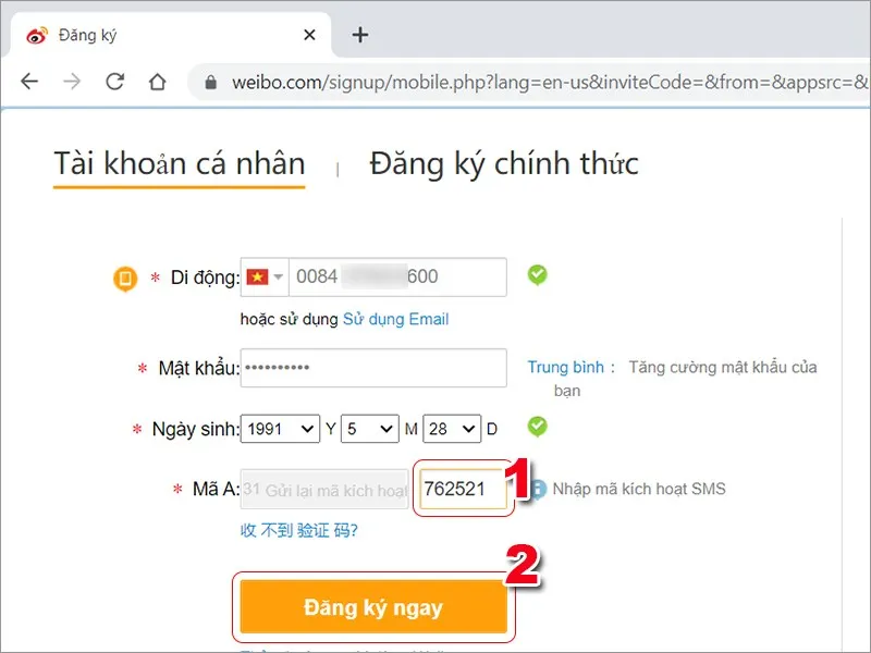 Hình ảnh minh họa quá trình nhập mã xác nhận OTP được gửi về điện thoại, một bước quan trọng trong cách đăng ký weibo trên máy tính bằng số điện thoại Việt Nam.