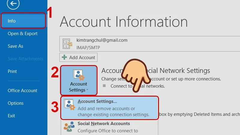Menu Account Settings trong tab Info của Microsoft Outlook