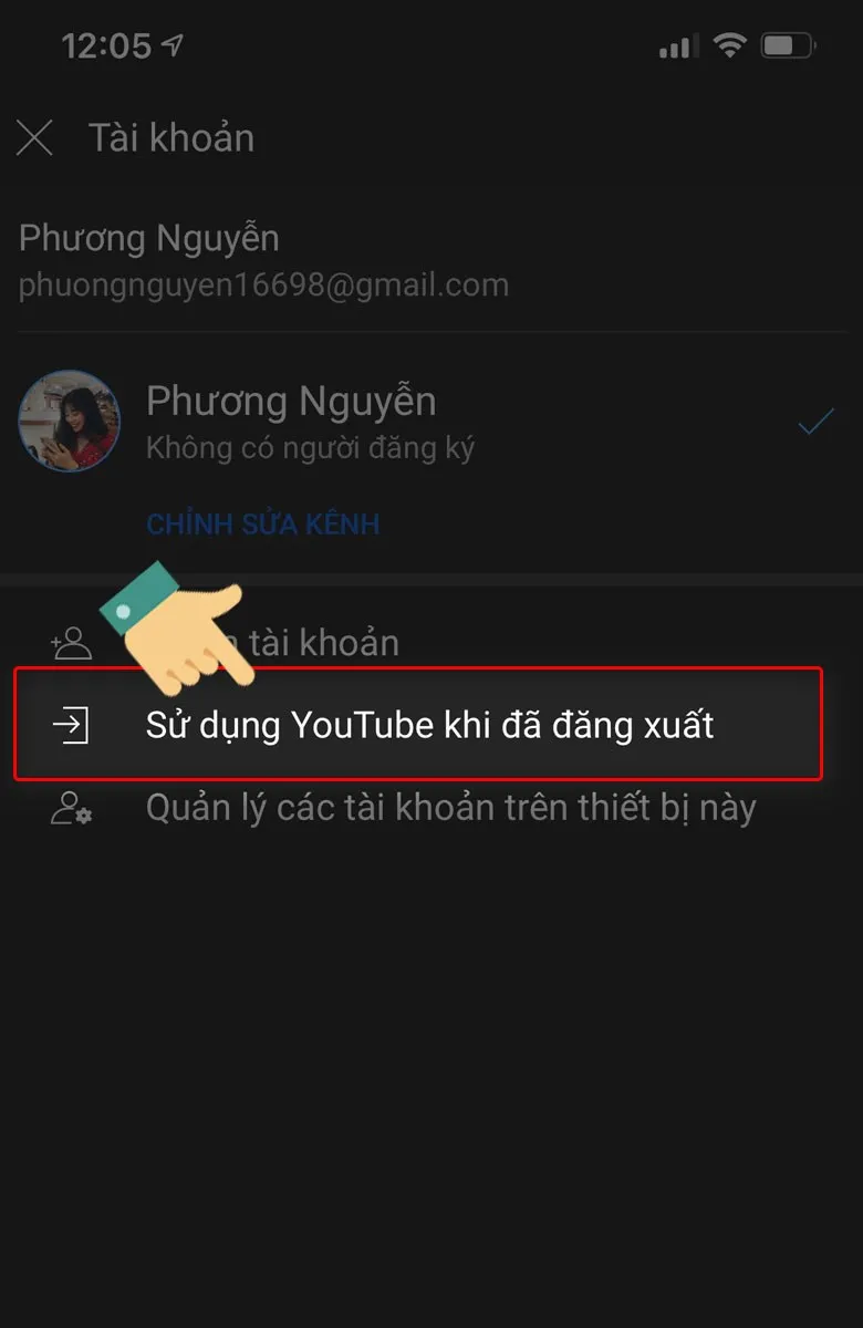 Lựa chọn chế độ Sử dụng YouTube khi đã đăng xuất trên ứng dụng di động