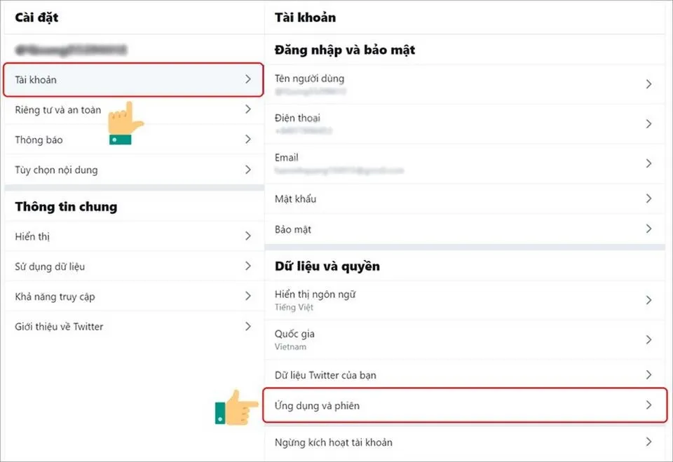 Giao diện cài đặt và quyền riêng tư, cho phép người dùng quản lý các ứng dụng và phiên hoạt động.