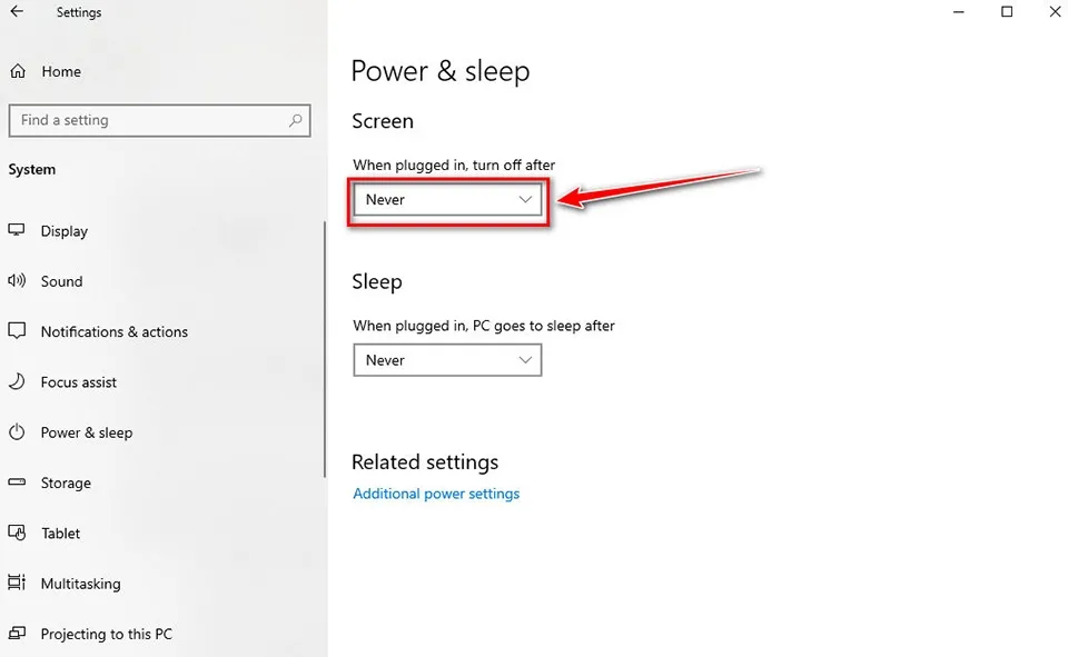 Thiết lập Never cho mục Screen để ngăn màn hình máy tính không tắt khi cắm sạc