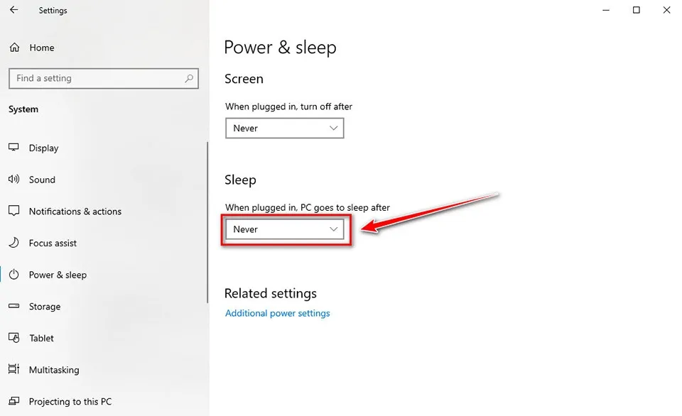Điều chỉnh chế độ Sleep thành Never giúp máy tính luôn hoạt động, không bị gián đoạn công việc