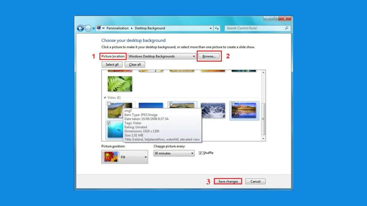 Cửa sổ Desktop Background trong Windows 7, tùy chỉnh vị trí ảnh và slideshow.