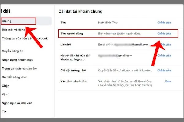 Chọn tùy chọn Chỉnh sửa Tên người dùng để tối ưu hóa liên kết Facebook cá nhân