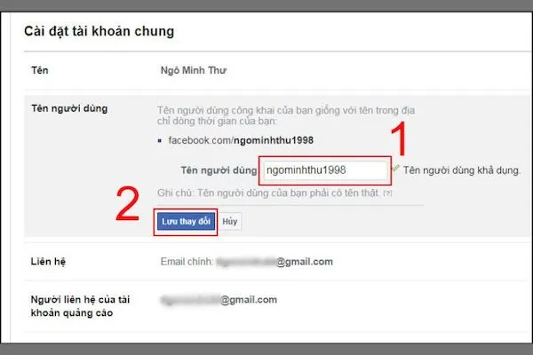 Nhập tên người dùng mới (username) để sửa đổi đường dẫn URL Facebook