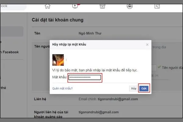 Xác nhận thay đổi tên người dùng bằng cách nhập lại mật khẩu Facebook của bạn