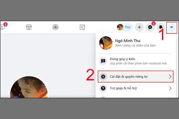 Thao tác vào Cài đặt và Quyền riêng tư để bắt đầu đổi tên người dùng Facebook