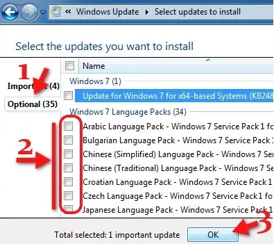 Danh sách tùy chọn gói ngôn ngữ Windows 7 Language Packs trong Optional Updates.
