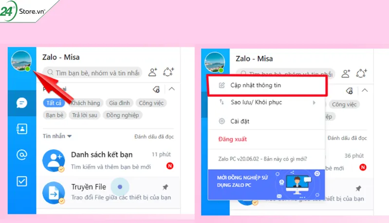 Giao diện Zalo PC sau khi đổi số điện thoại, kiểm tra lại thông tin và đồng bộ hóa tài khoản Zalo trên máy tính.