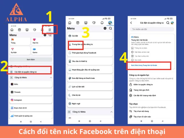 Thao tác truy cập Menu Cài đặt &amp; quyền riêng tư, bước đầu tiên để thực hiện cách đổi nick facebook trên máy tính