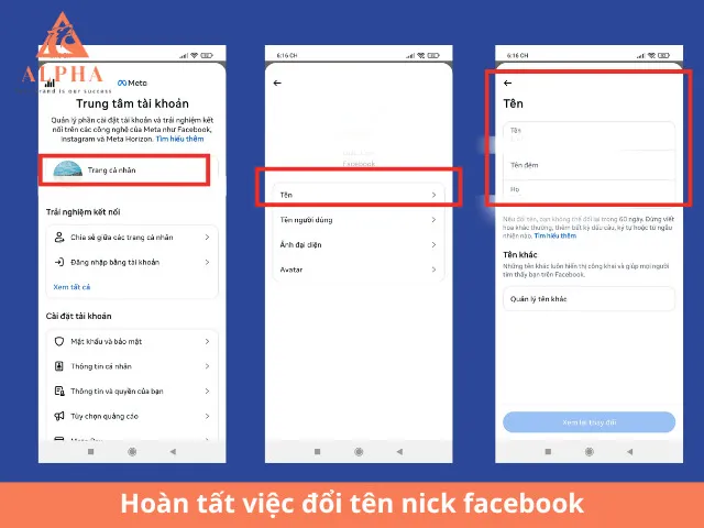 Màn hình xác nhận và lưu thay đổi tên Facebook sau khi nhập thông tin mới