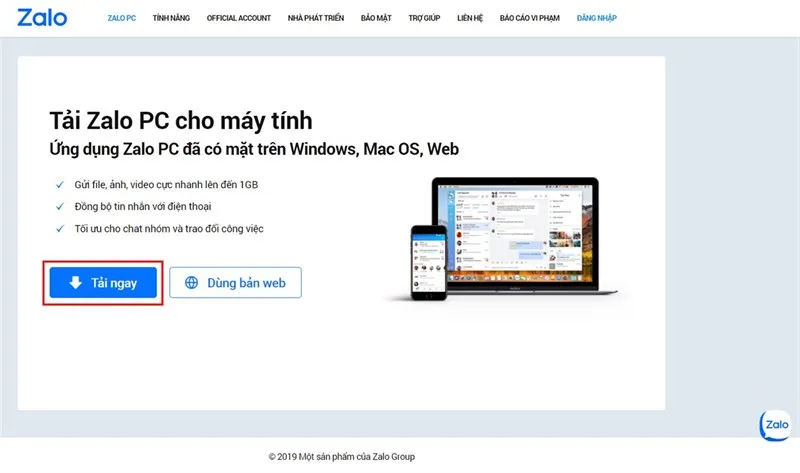 Màn hình hiển thị cửa sổ cài đặt và tải về phần mềm Zalo PC, bước đầu tiên hướng dẫn cách dùng zalo trên máy tính.