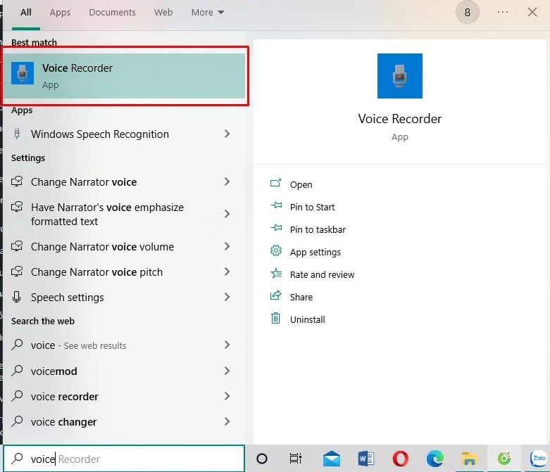 tìm kiếm công cụ ghi âm hoặc kiểm tra micro trong Windows để thực hiện cách gọi điện thoại bằng máy tính