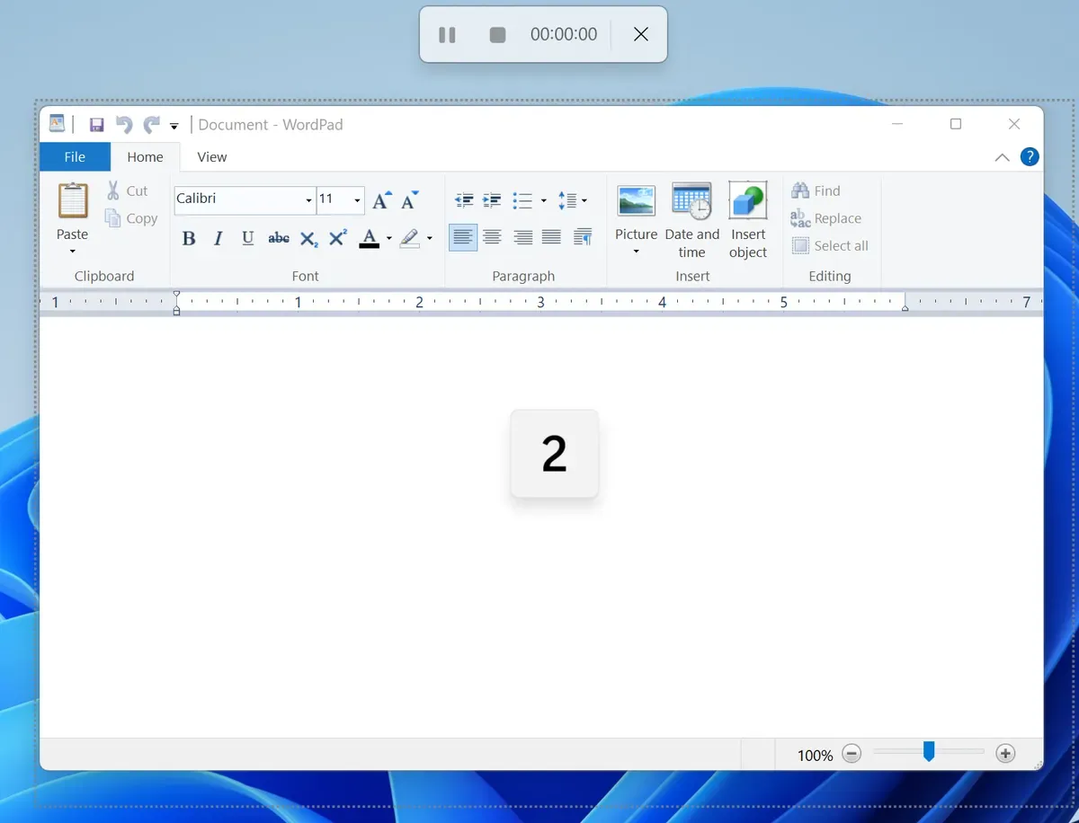 Màn hình đếm ngược trước khi Snipping Tool bắt đầu ghi video