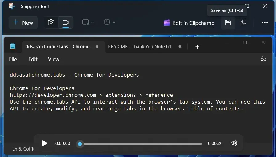 Cửa sổ xem trước video đã ghi và tùy chọn lưu trữ trong Snipping Tool