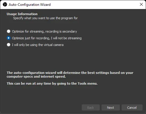 Lựa chọn tối ưu hóa cho OBS Studio, chọn chỉ ghi âm