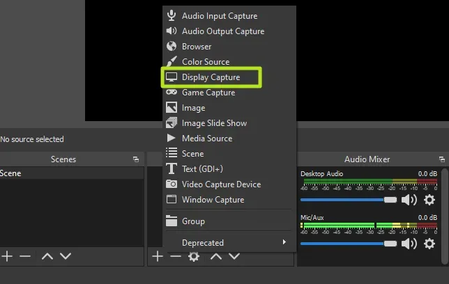Chọn Display Capture trong danh sách các nguồn (Sources) của OBS