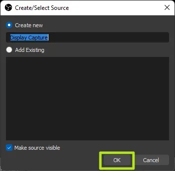 Hộp thoại xác nhận thêm nguồn Display Capture trong OBS Studio