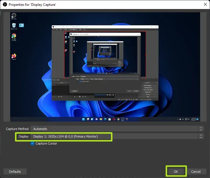 Cửa sổ chọn màn hình và tùy chỉnh nguồn Display Capture trong OBS Studio