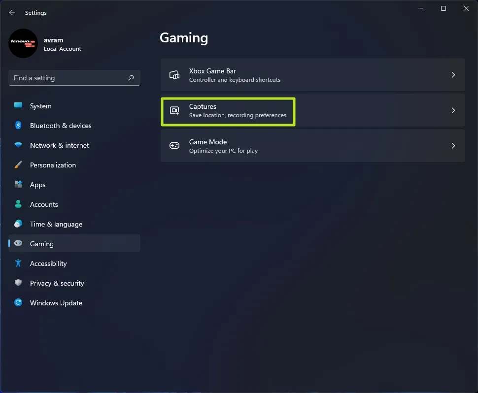 Cấu hình cài đặt Captures trong Windows Settings