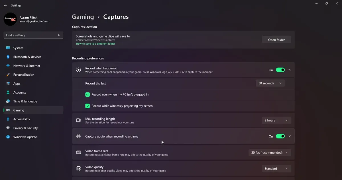 Tùy chọn ghi lại những gì đã xảy ra và độ dài ghi tối đa trong Captures Settings