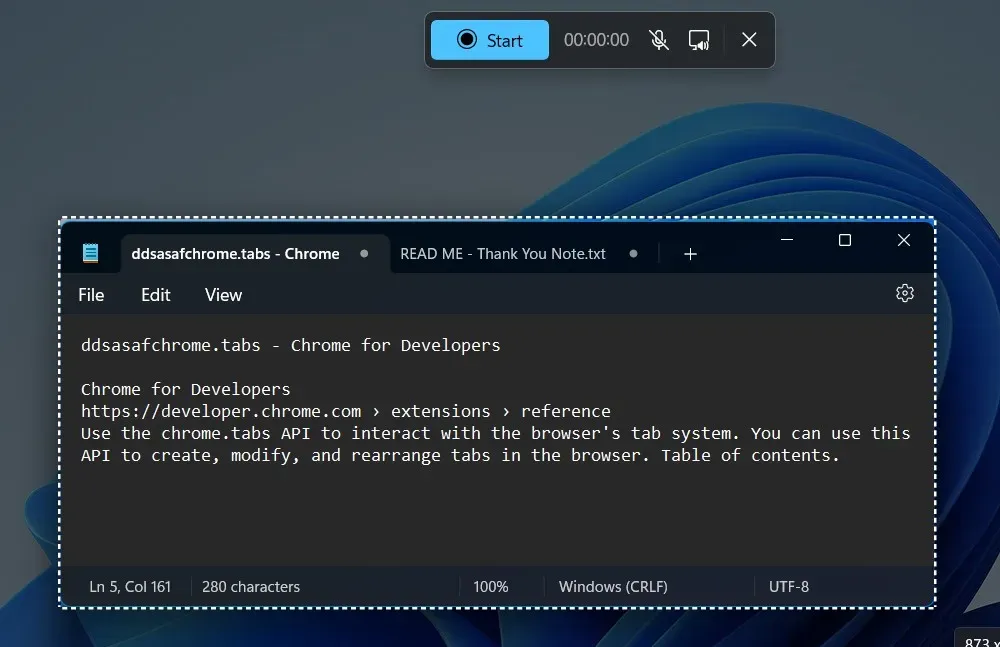 Chế độ chọn vùng ghi màn hình trong Snipping Tool trên Windows 11