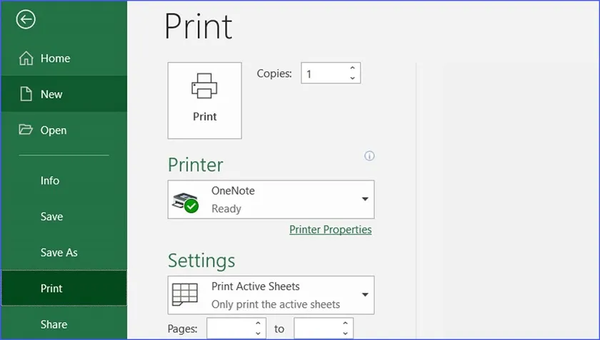 Minh họa các tùy chọn cài đặt cơ bản trong hộp thoại in như số lượng bản sao, phạm vi trang và khổ giấy A4
