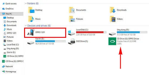Thư mục điện thoại OPPO hiển thị trong This PC sau khi kết nối thành công qua giao thức MTP
