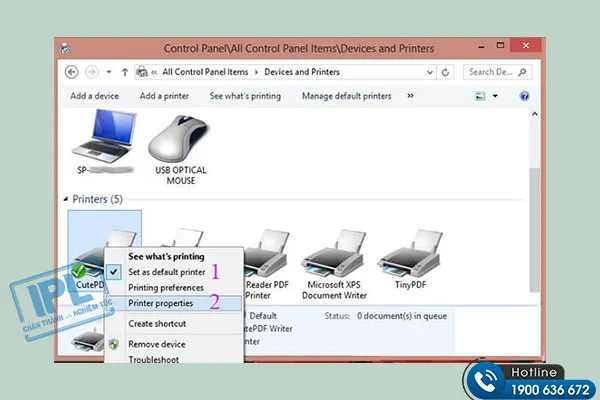 Mở hộp thoại Printer Properties để cấu hình cách kết nối máy tính với máy in win 10 và chia sẻ