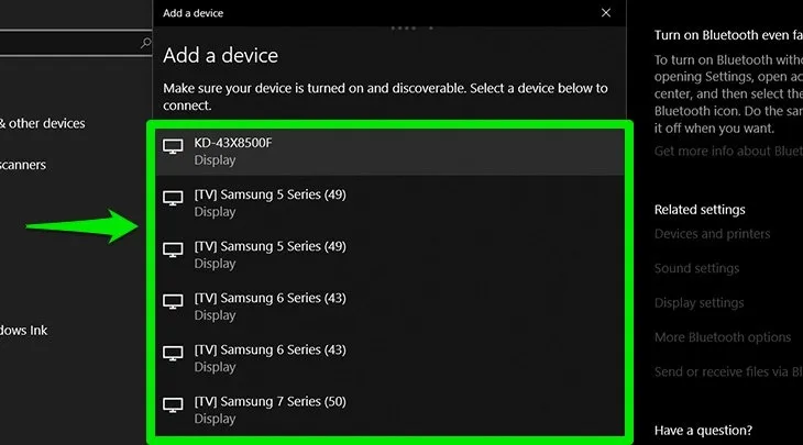 Chọn tên tivi thông minh mong muốn từ danh sách các thiết bị không dây khả dụng