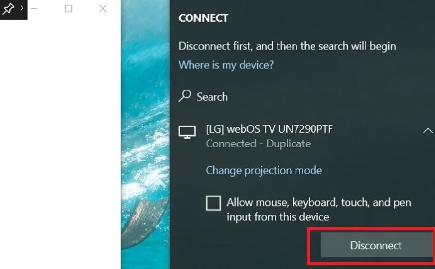 Trong cửa sổ Connect, nhấn Disconnect để ngắt kết nối không dây giữa máy tính và tivi