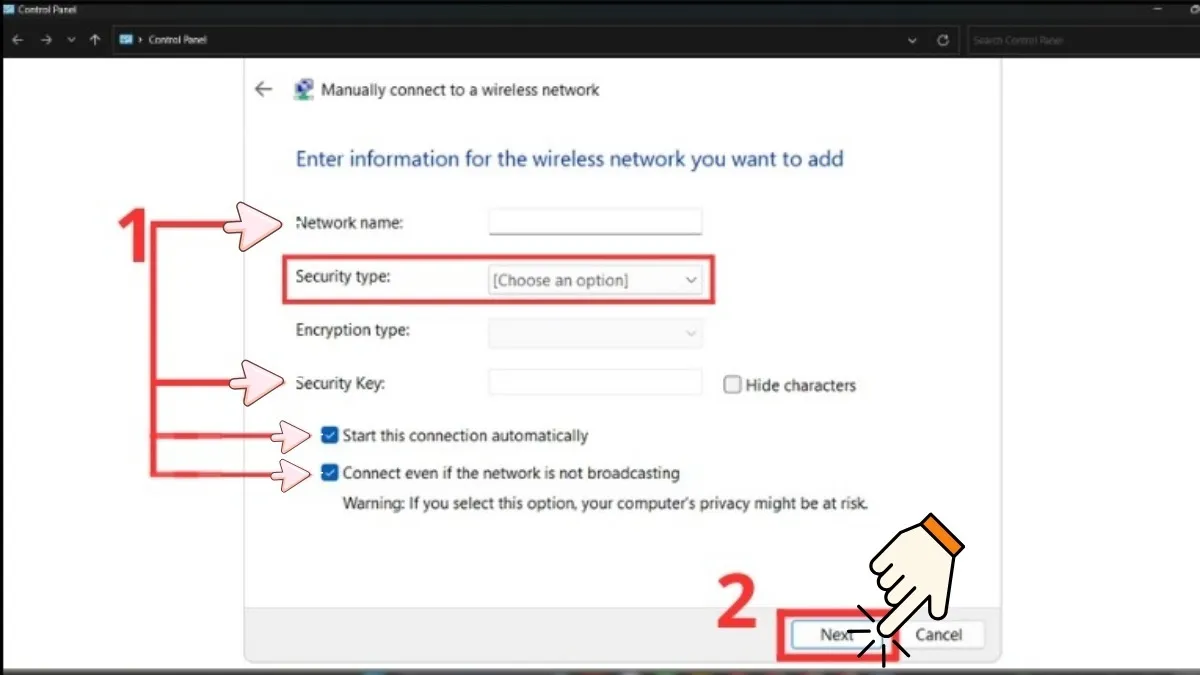 Hoan thanh buoc nhap ten mang va mat khau de thiet lap cach ket noi wifi tren may tinh
