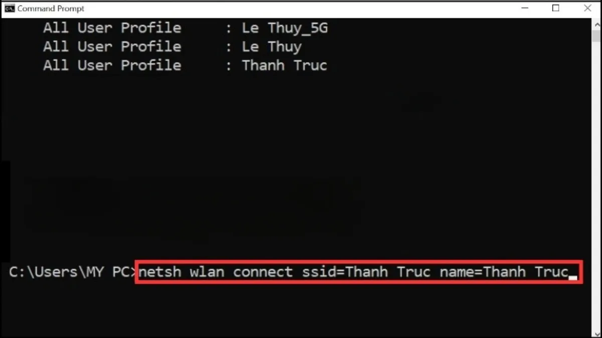 Thuc hien lenh netsh wlan connect bang Command Prompt de ket noi wifi tren may tinh