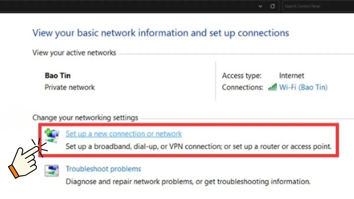 Quy trinh cai dat mang moi trong Network and Sharing Center de ket noi wifi
