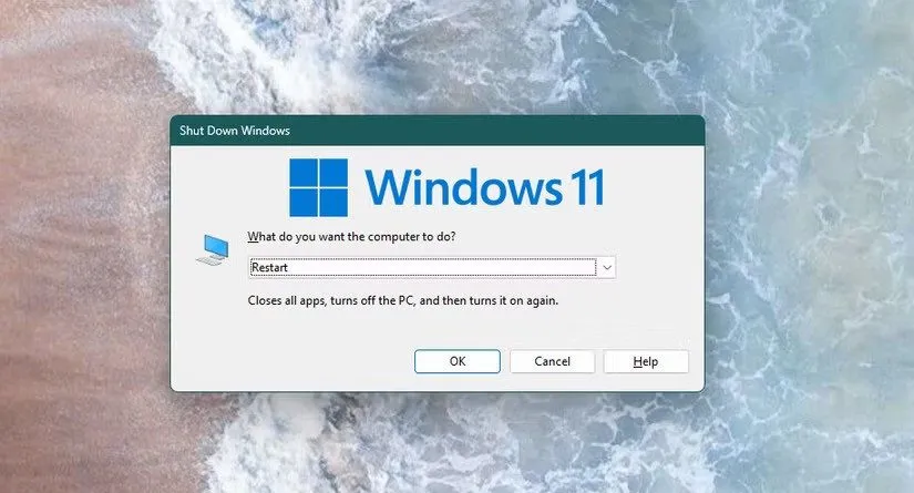 Menu Tắt Windows hiển thị tùy chọn Khởi động lại sau khi nhấn Alt + F4.