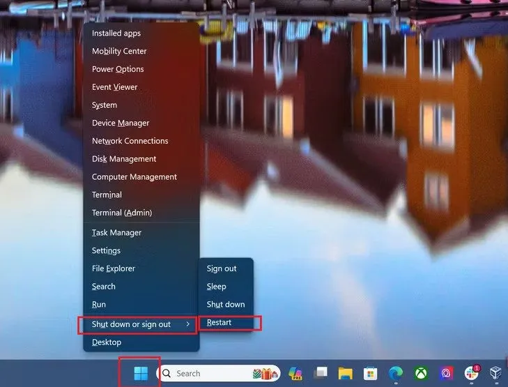 Sử dụng tổ hợp phím Windows + X để truy cập menu Liên kết Nhanh nhằm Khởi động lại hệ thống.