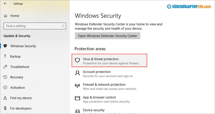 Chọn Virus &amp; Threat Protection để Bắt Đầu Quy Trình Kiểm Tra Bảo Mật Máy Tính